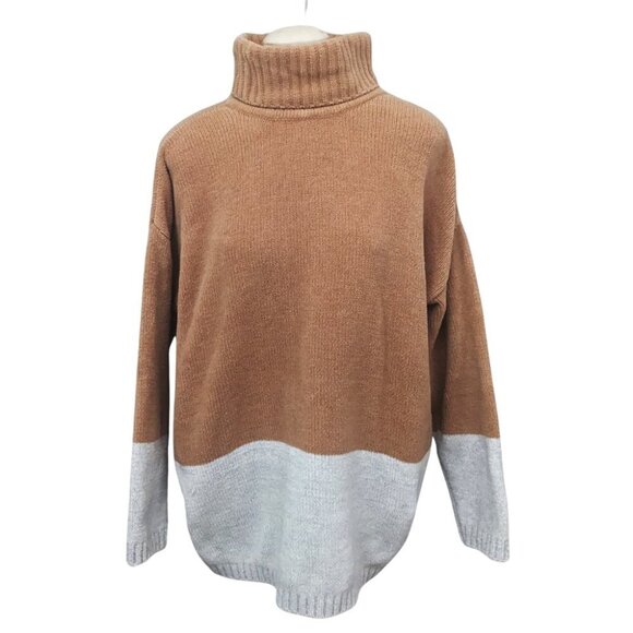BCBG MAX AZRIA Colorblock Turtleneck Sweater Chenille Camel Gray Size Large $178 - Picture 8 of 8